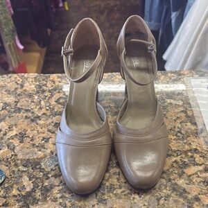 Tan Heels with Ankle Strap and Rounded Toe